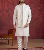 Cream art silk 3 piece indo jacket set for men