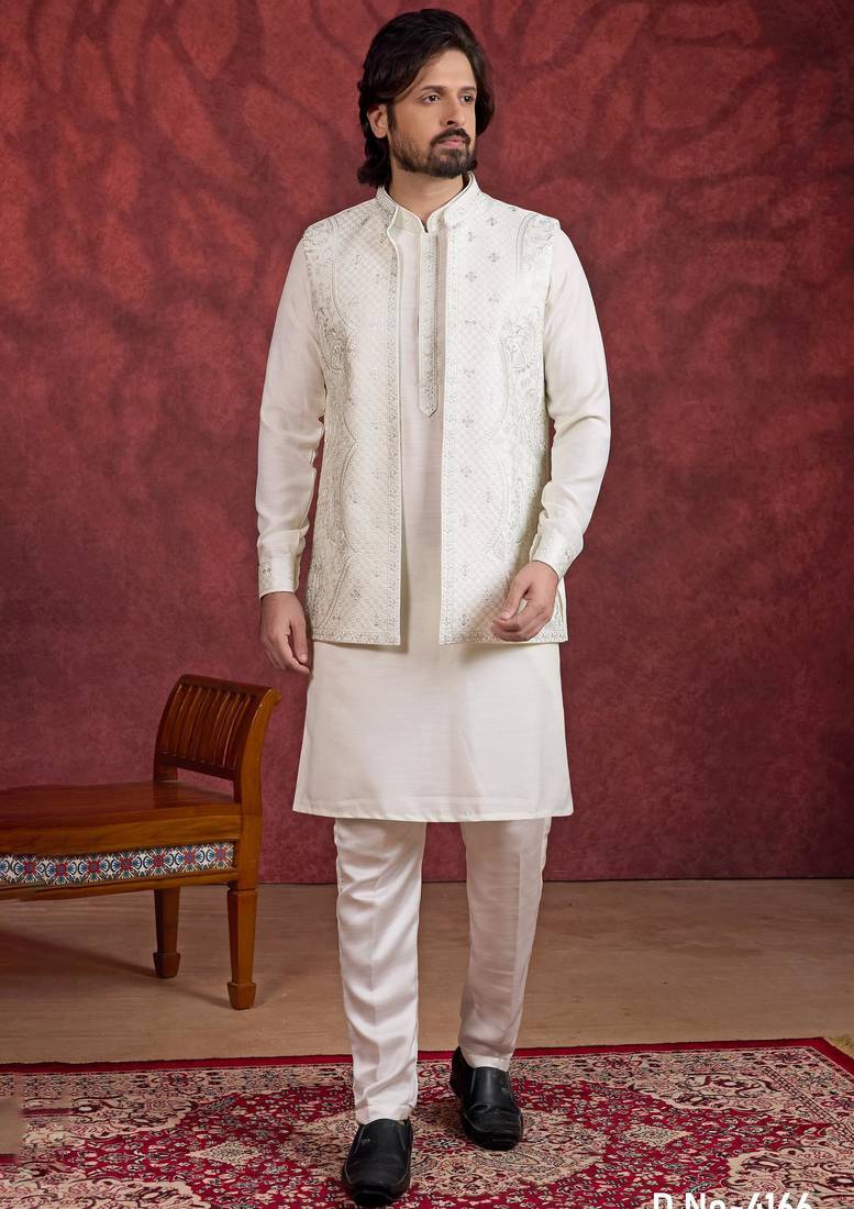 Cream art silk 3 piece indo jacket set for men