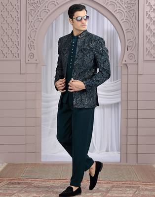 teal green velvet 3 piece bandhgala only 2