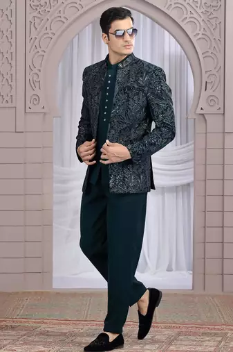 teal green velvet 3 piece bandhgala only