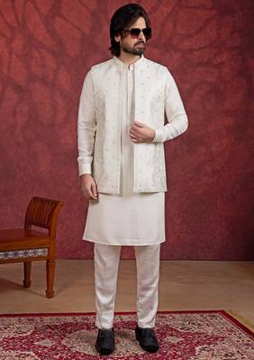 cream art silk 3 piece indo nehru jacket set for men 2