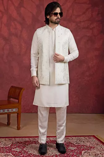 cream art silk 3 piece indo nehru jacket set for men