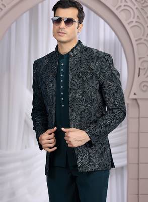 teal green velvet 3 piece bandhgala only 3