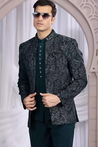 teal green velvet 3 piece bandhgala only