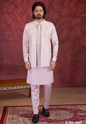 light pink art silk 3 piece indo nehru jacket set for men 1