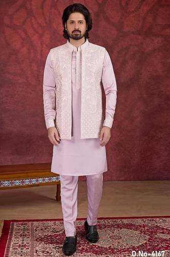 Light pink art silk 3 piece indo jacket set for men