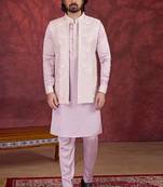 Light pink art silk 3 piece indo jacket set for men