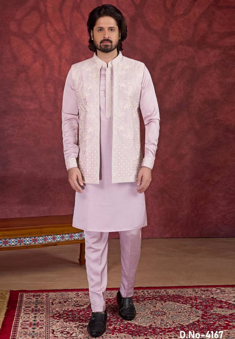 Light pink art silk 3 piece indo jacket set for men