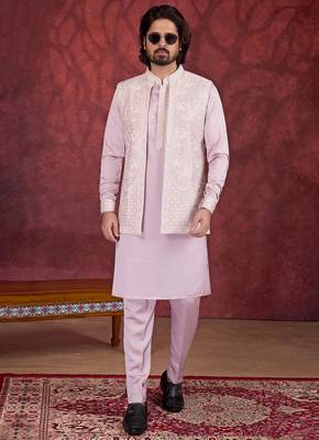 light pink art silk 3 piece indo nehru jacket set for men 2