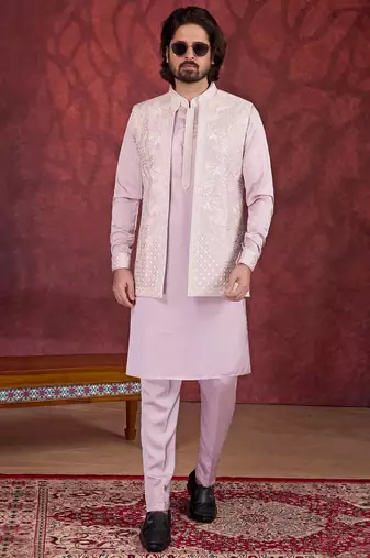 light pink art silk 3 piece indo nehru jacket set for men