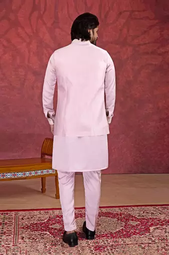 light pink art silk 3 piece indo nehru jacket set for men
