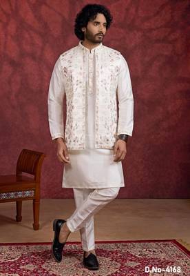cream art silk 3 piece indo nehru jacket set for men 1