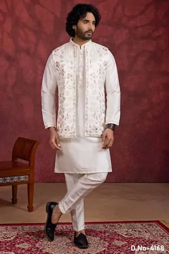 Cream art silk 3 piece indo jacket set for men