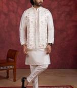 Cream art silk 3 piece indo jacket set for men