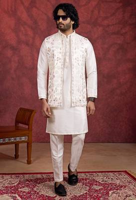 cream art silk 3 piece indo nehru jacket set for men 2