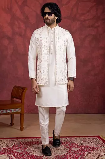 cream art silk 3 piece indo nehru jacket set for men