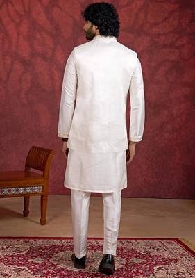cream art silk 3 piece indo nehru jacket set for men 3