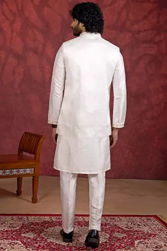 cream art silk 3 piece indo nehru jacket set for men