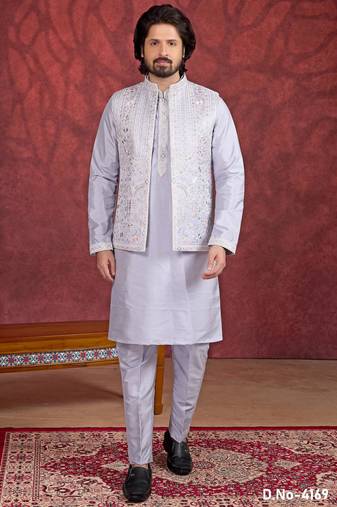 Purple art silk 3 piece indo jacket set for men