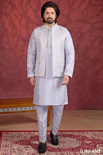 Purple art silk 3 piece indo jacket set for men