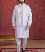 Purple art silk 3 piece indo jacket set for men