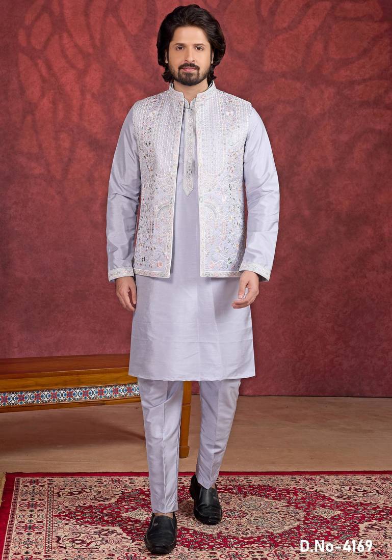 Purple art silk 3 piece indo jacket set for men