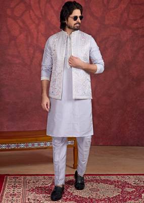 purple art silk 3 piece indo nehru jacket set for men 2
