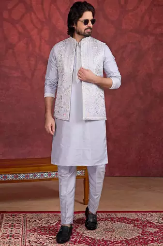 purple art silk 3 piece indo nehru jacket set for men