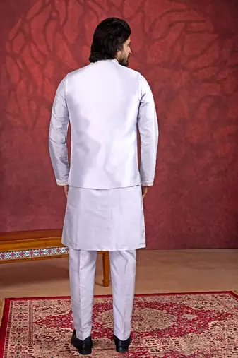 purple art silk 3 piece indo nehru jacket set for men