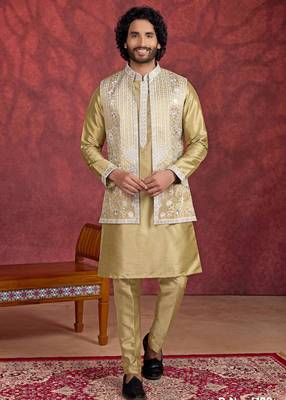 green art silk 3 piece indo nehru jacket set for men 1