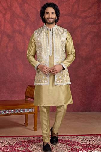 Green art silk 3 piece indo jacket set for men