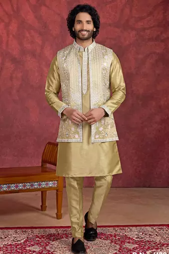 Green art silk 3 piece indo jacket set for men