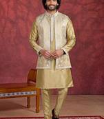 green art silk 3 piece indo nehru jacket set for men