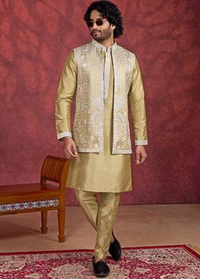 green art silk 3 piece indo nehru jacket set for men 2