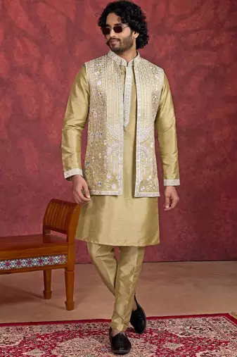 green art silk 3 piece indo nehru jacket set for men