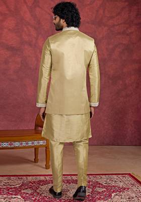 green art silk 3 piece indo nehru jacket set for men 3