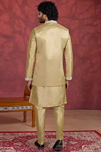 green art silk 3 piece indo nehru jacket set for men