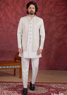 off white art silk 3 piece indo nehru jacket set for men 1