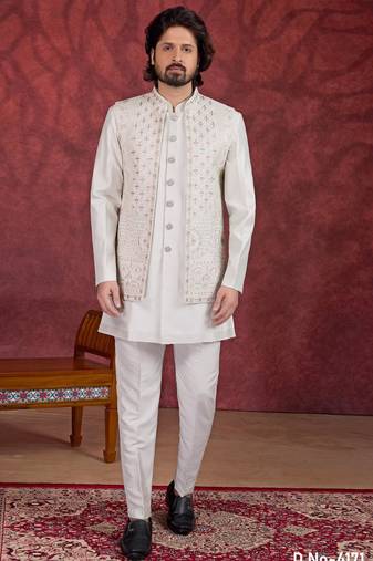 Off white art silk 3 piece indo jacket set for men