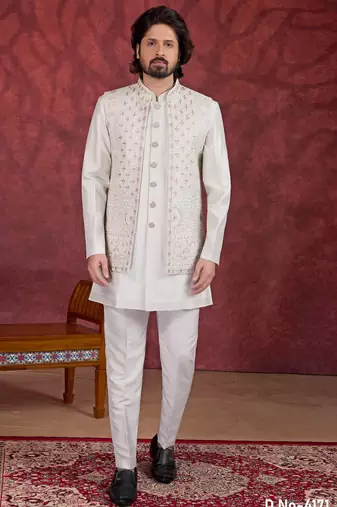 Off white art silk 3 piece indo jacket set for men