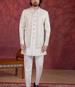 Off white art silk 3 piece indo jacket set for men