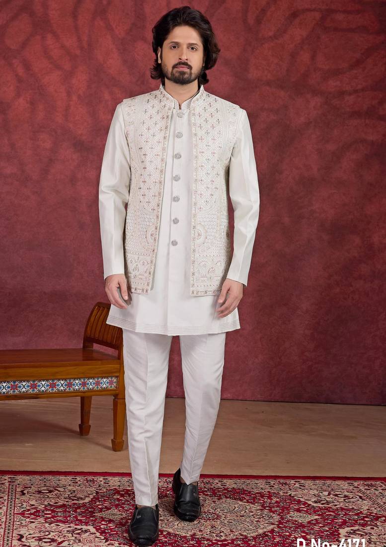 Off white art silk 3 piece indo jacket set for men