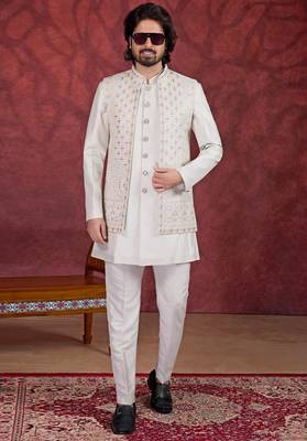 off white art silk 3 piece indo nehru jacket set for men 2