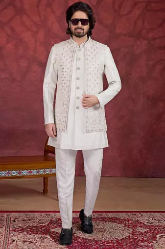 off white art silk 3 piece indo nehru jacket set for men