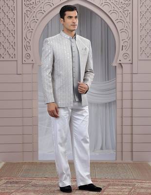 grey art silk 3 piece bandhgala only 1