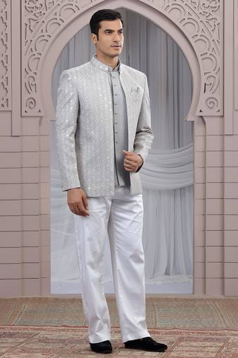 Grey art silk 3 piece bandhgala only