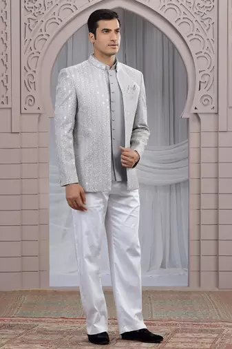 Grey art silk 3 piece bandhgala only