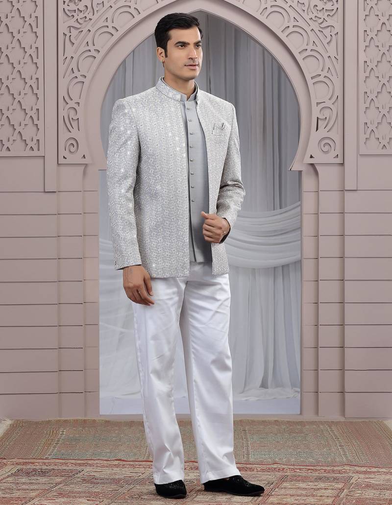 Grey art silk 3 piece bandhgala only