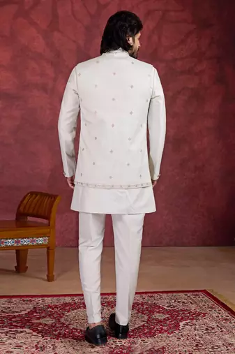 off white art silk 3 piece indo nehru jacket set for men