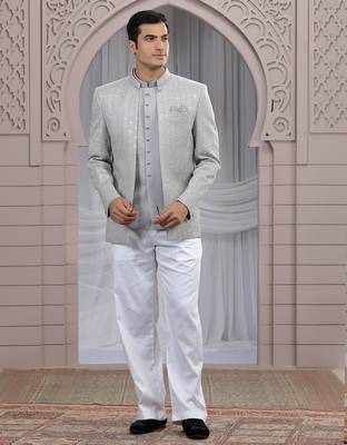 grey art silk 3 piece bandhgala only 2